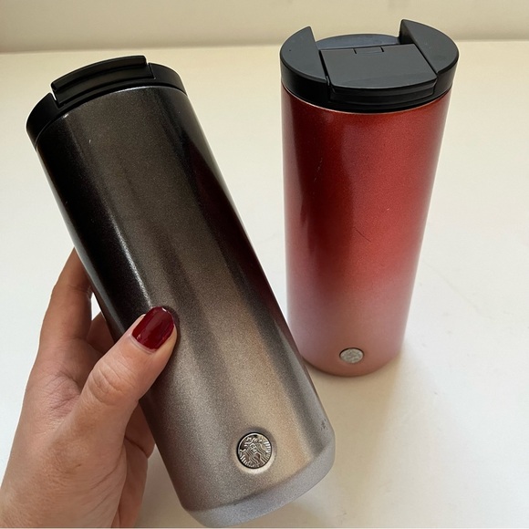 Starbucks Travel Mugs Tumblers Gradient Red and Grey Ombré Metallic - Set of 2 - Picture 1 of 5